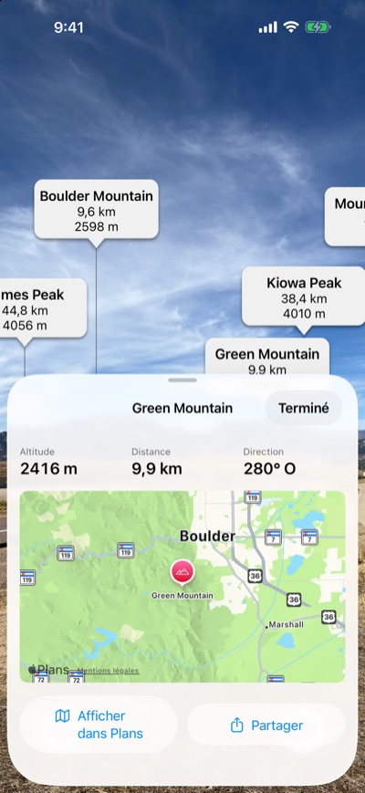 La fiche d'un sommet avec son altitude, sa distance, sa direction et une carte